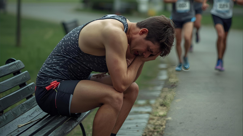 A realistic, relatable photo of a beginner runner struggling. Not a polished model, but a regular person looking tired and taking a break, showing the "real" side of starting out