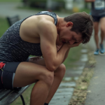 A realistic, relatable photo of a beginner runner struggling. Not a polished model, but a regular person looking tired and taking a break, showing the "real" side of starting out