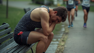 A realistic, relatable photo of a beginner runner struggling. Not a polished model, but a regular person looking tired and taking a break, showing the "real" side of starting out