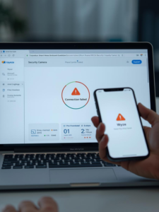 Wyze Web View on laptop screen showing connection error login loop next to mobile app