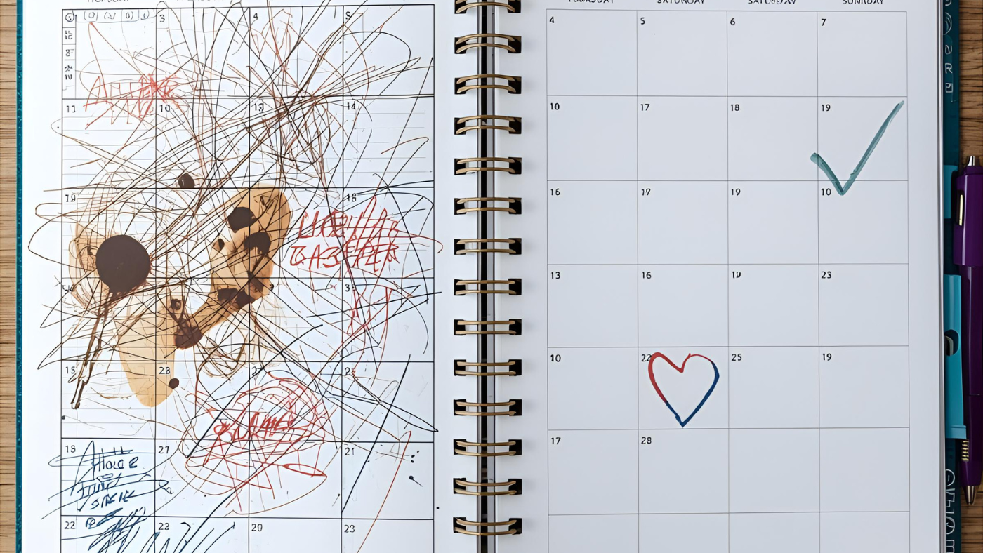 A split-screen or before/after visual comparison of a desk calendar, showing the chaotic old schedule versus the structured new one.