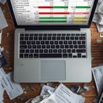 A messy, realistic desk photo showing the process of a financial audit. It needs to look stressful and overwhelming to capture the emotion of the article