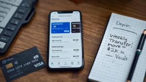A realistic, "desk view" photo showing the tools used for the two-bank strategy: a traditional physical bank card alongside a modern fintech banking app on a phone