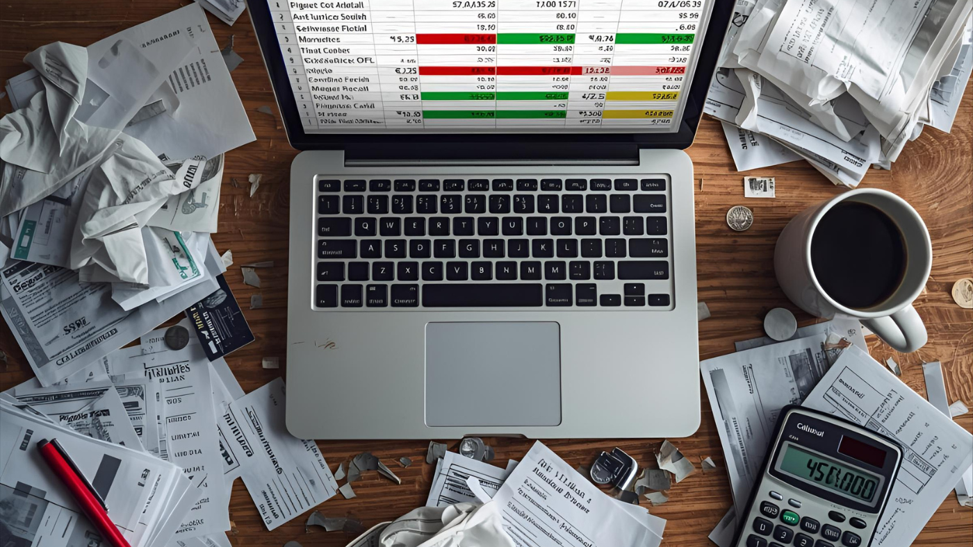 A messy, realistic desk photo showing the process of a financial audit. It needs to look stressful and overwhelming to capture the emotion of the article